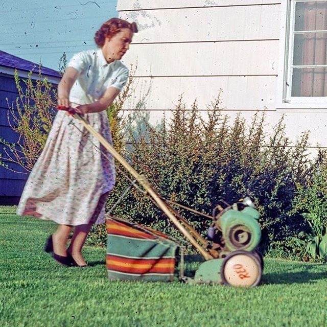 My Dad took this Photo of my Mom Mowing the Lawn and It Became a Family Favorite